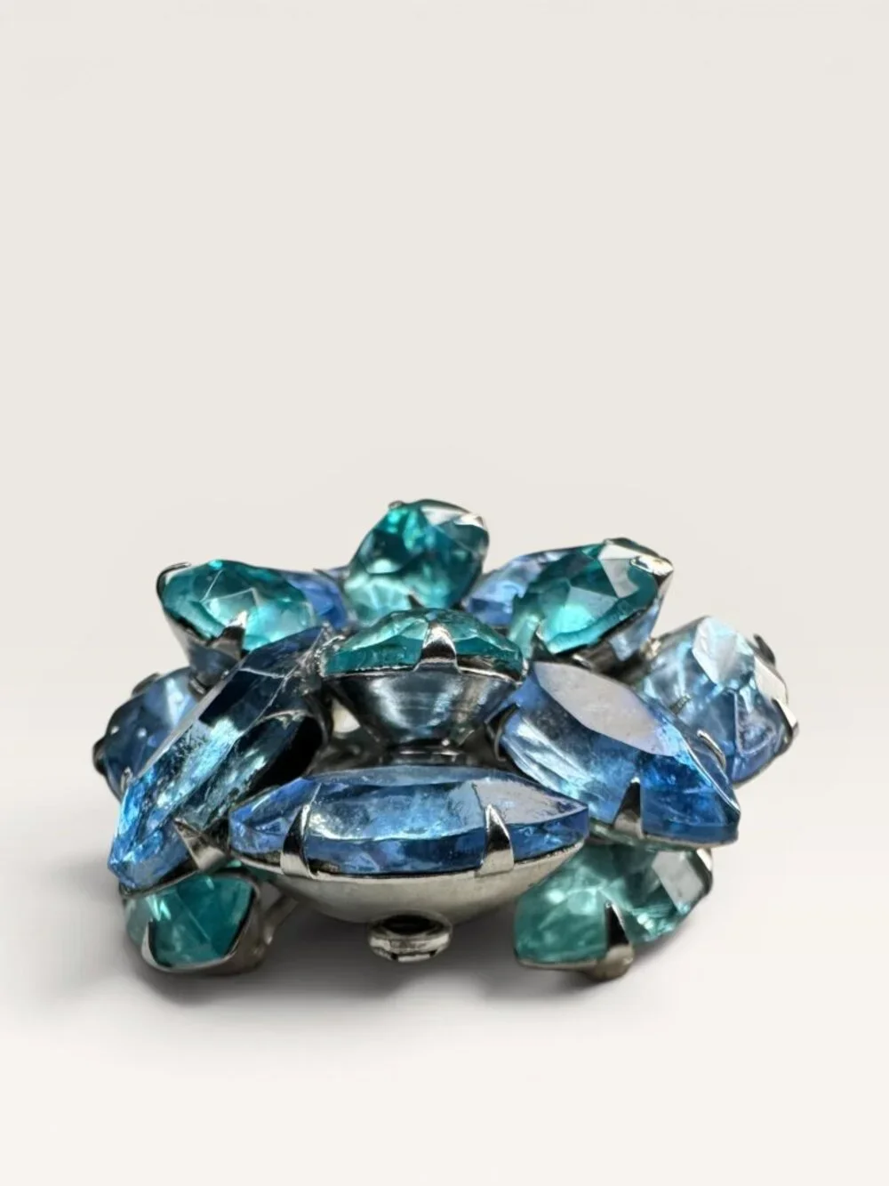 1950s Blue Glass Cluster Brooch Aqua UV Glow Uranium Glass Silver Tone Vintage